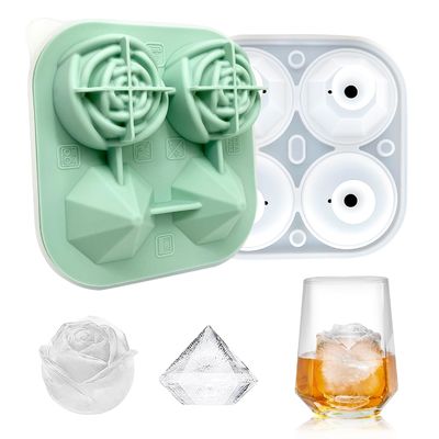 MHC Custom Shape 3D Flower Ice Cube Tray com tapa não derramamento 4 Rosete e ferramentas de sorvete de diamante